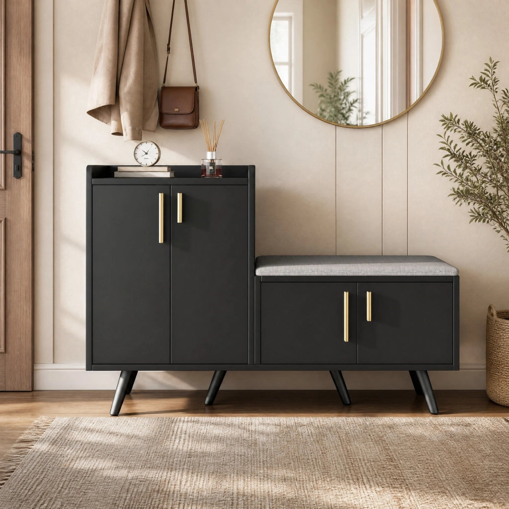 Panca portascarpe moderna in truciolare con seduta imbottita, colore nero e noce scuro, 120 x 34 x 82 cm
