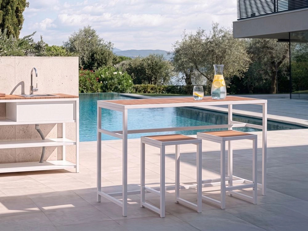 Set da giardino 3 elementi per interni ed esterni, tavolo e 2 sgabelli, acciaio, legno plastico bianco design moderno