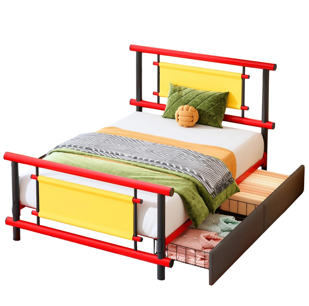 Letto singolo per bambini 90x200 cm in metallo rosso con cassetti integrati