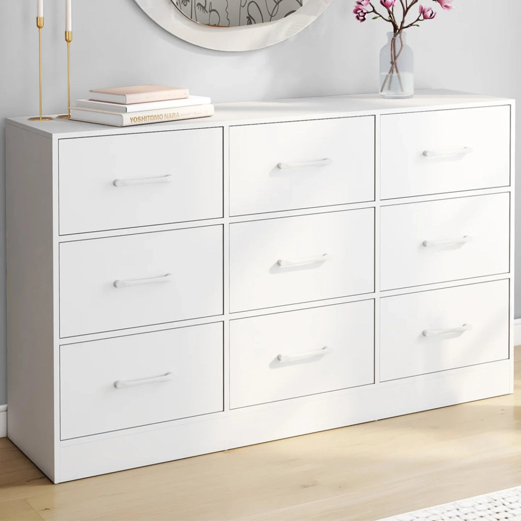 IDMarket - Cassettiera in tessuto a 9 cassetti UPPAH 113 cm mobile contenitore in legno bianco