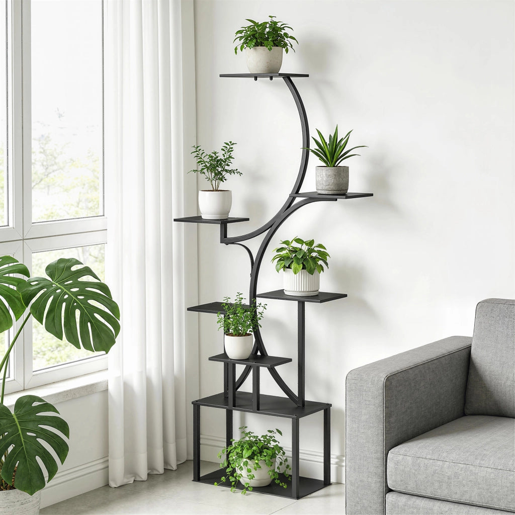 Portapiante a 8 Livelli 74x26x158,5 cm con Design a S per Interni ed Esterni in Metallo Nero