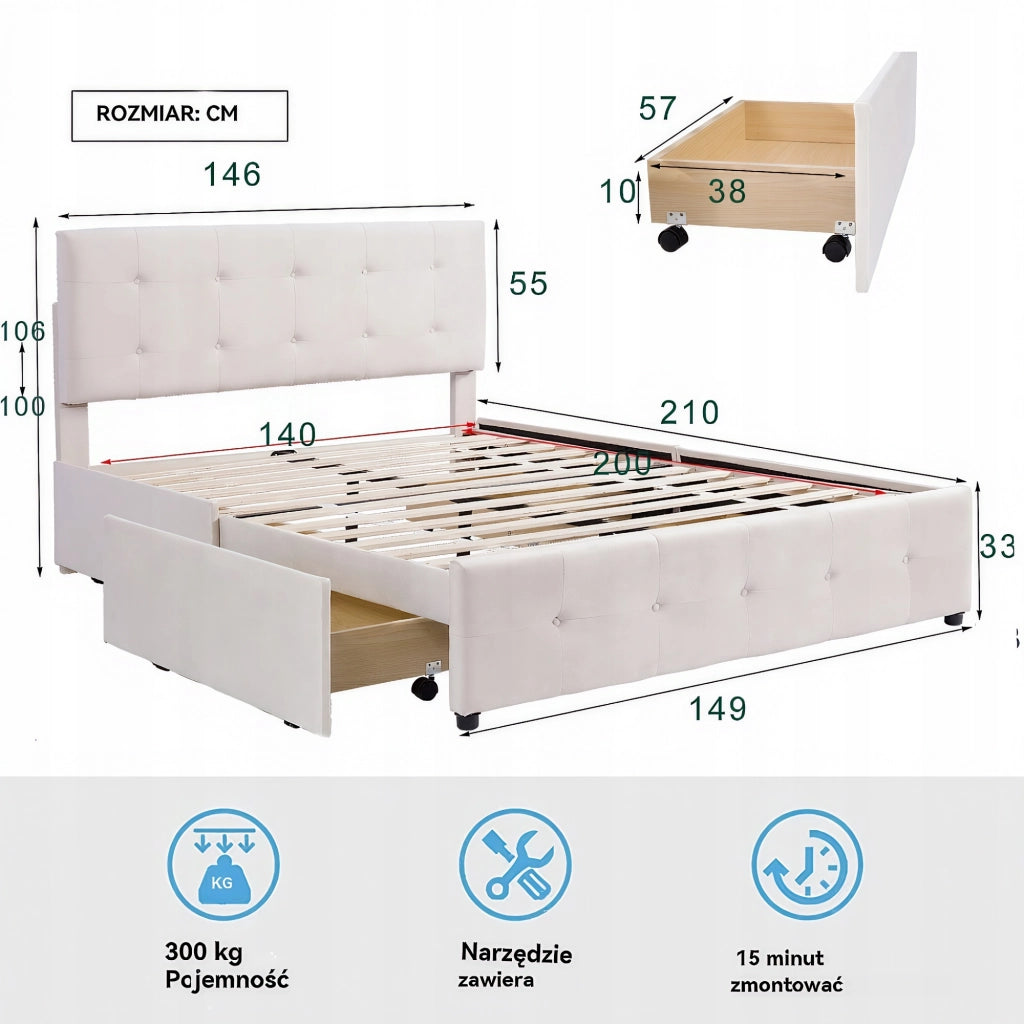 Letto con contenitore 140x200 - Xylo - Velluto beige con cassetti