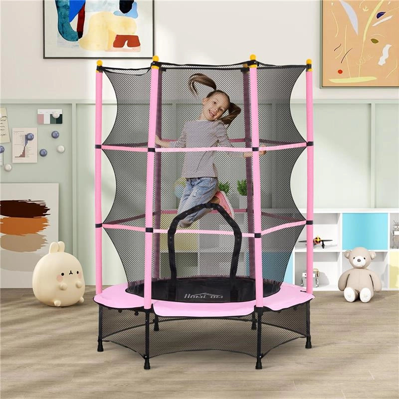 TAPPETO ELASTICO PER BAMBINI CON RETE DI SICUREZZA E PALI IMBOTTITI ETÀ 3-10 ANNI Ø 140 X 190 CM ROSA