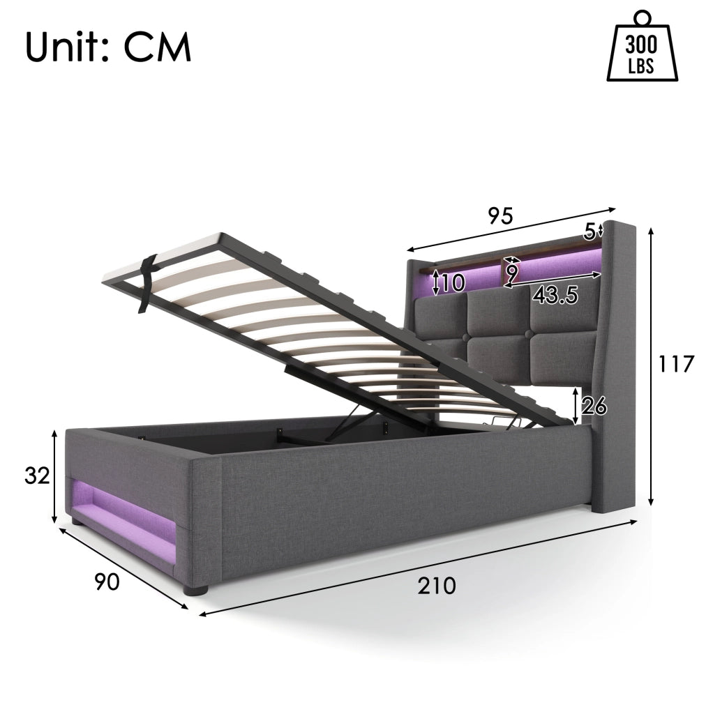 Letto imbottito contenitore 90x200 cm con USB e LED; grigio