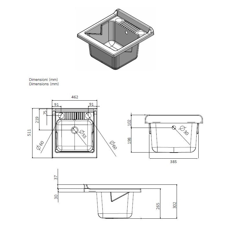 Lavatoio con mobile, lavapanni bianco in nobilitato idrofugo 60x50 cm con vasca in polipropilene e maniglie cromate  da interno  Negrari