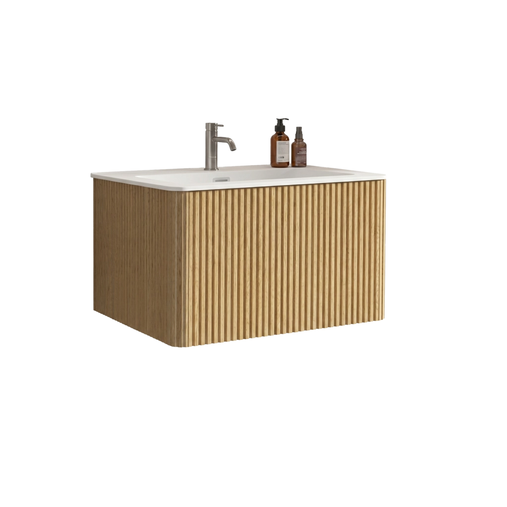 Mobile bagno sospeso 80 cm rovere; MDF con lavabo in Solid Surface