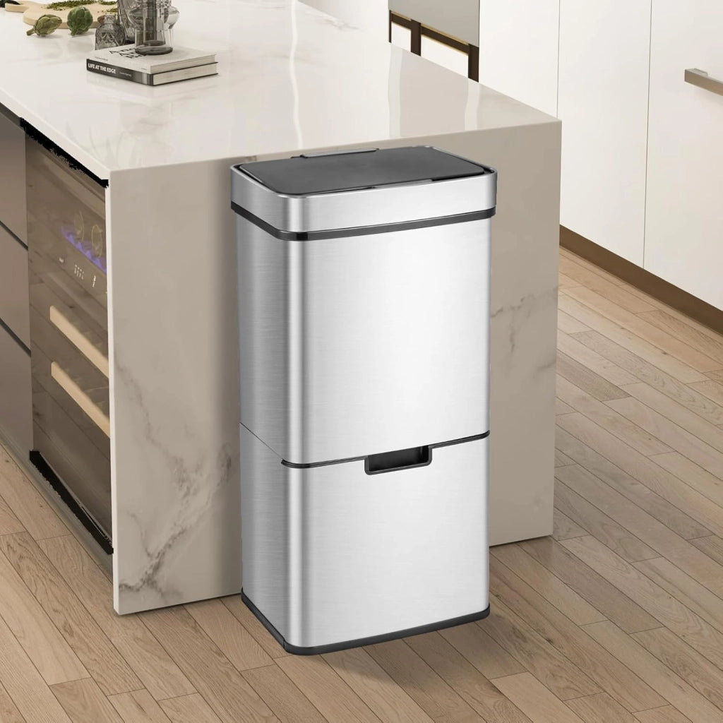 Pattumiera da 72 l, 4 scomparti, con sensore di movimento, pattumiera da cucina in acciaio inox, pattumiera a pedale con coperchio delicatamente chiuso e rimane aperto, cestino per la cucina
