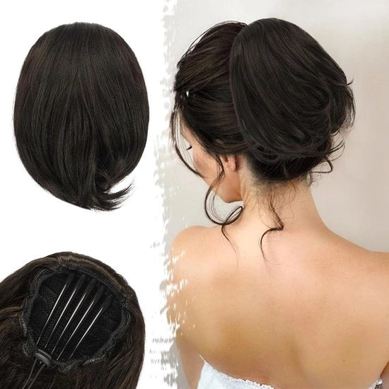 Estensioni di Capelli a Nodi a Dritta - Coda da Cavallo Corta a Nodi - Nodo di Capelli Marrone con Clip a Scimitarra - Capelli Falsi Sintetici per Donne - Capelli Marrone Scuro
