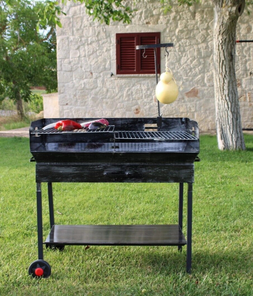 BARBECUE A LEGNA CON GRIGLIA E ACCESSORIO CACIOCAVALLO PESANTE ARTIGIANALE 90×45