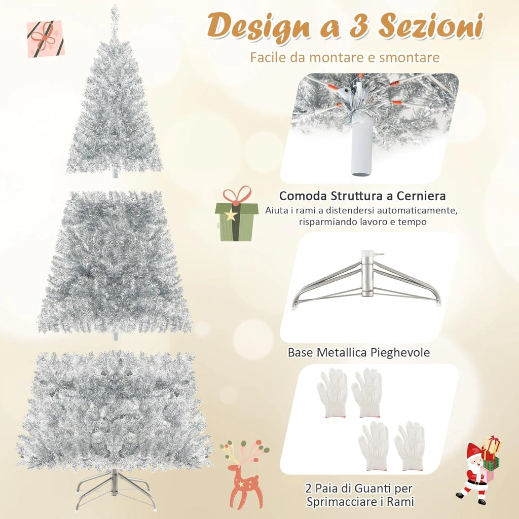 Albero di Natale 180 cm, Albero di Natale Artificiale Argento con 790 Rametti, 300 Luci a LED Bianco Caldo, Supporto Pieghevole in Metallo, Decorazione Natalizia per Ufficio e Casa