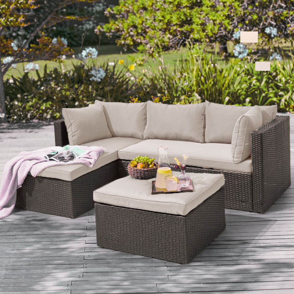 Set Salotto Divano in Polyrattan con Pouf Resistente da Esterno Giardino Beige