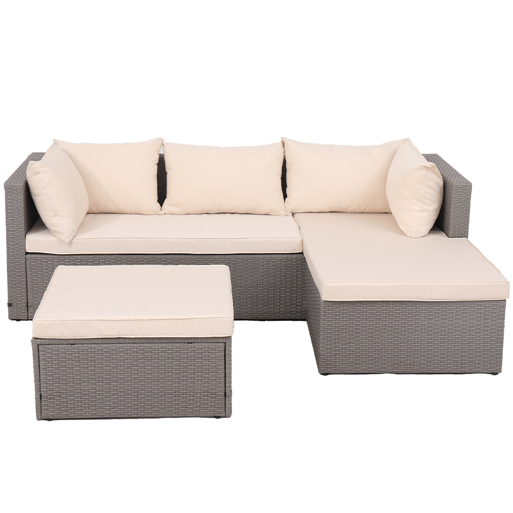 Set Salotto Divano in Polyrattan con Pouf Resistente da Esterno Giardino Beige
