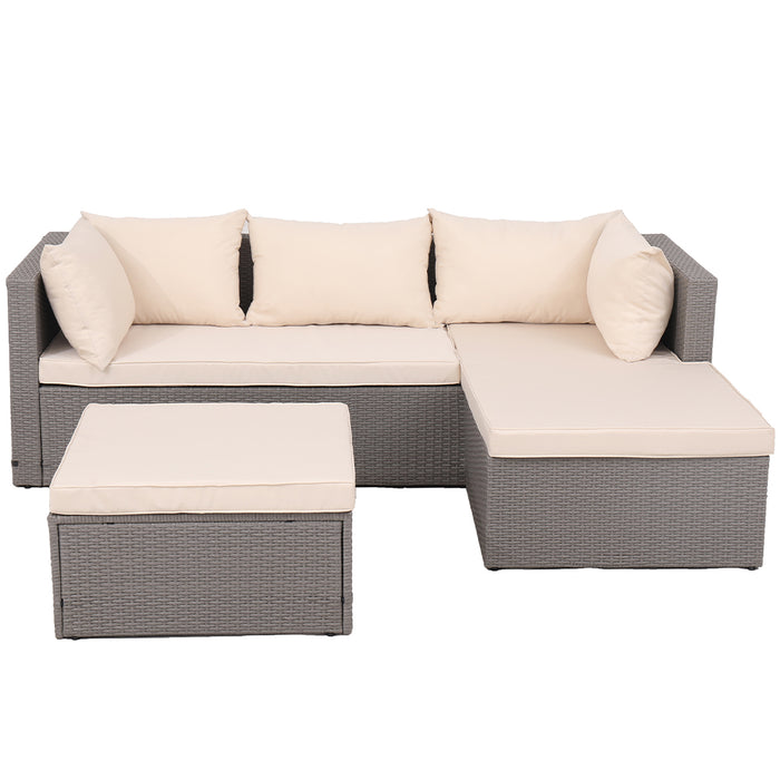 Set Salotto Divano in Polyrattan con Pouf Resistente da Esterno Giardino Beige