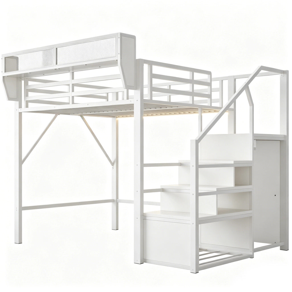 Letto a soppalco 140x200 cm in metallo con LED, scala di sicurezza e ripiano flessibile, bianco