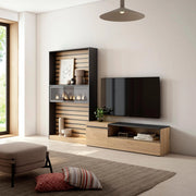 Mobile TV, Soggiorno, 260x35x186cm, Per TV fino a 65", Camino elettrico, colore Rovere e nero RF3158
