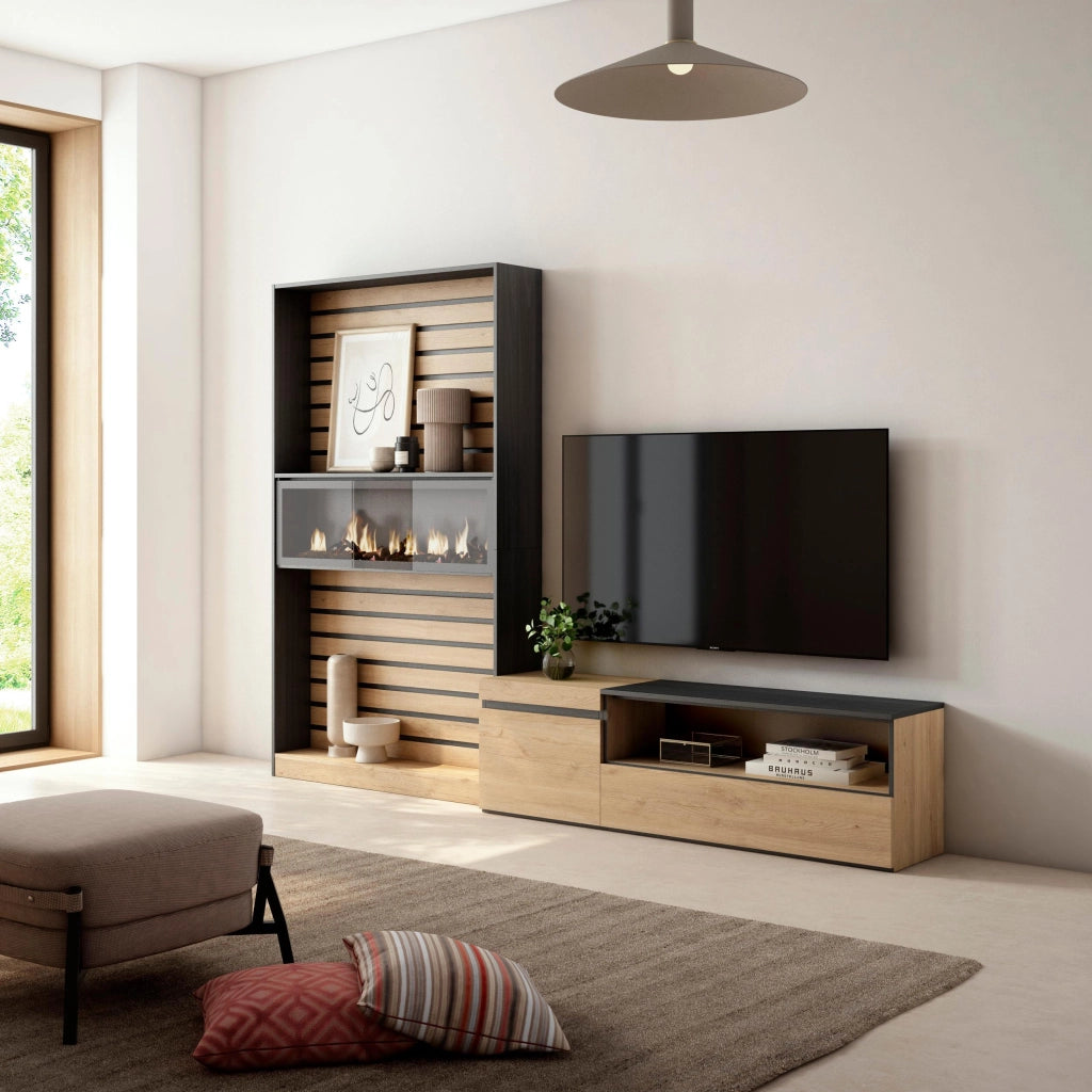 Mobile TV, Soggiorno, 260x35x186cm, Per TV fino a 65", Camino elettrico, colore Rovere e nero RF3158