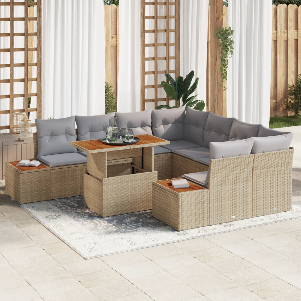 Set da pranzo da giardino 9 pezzi di con cuscini beige in polyrattan e acacia