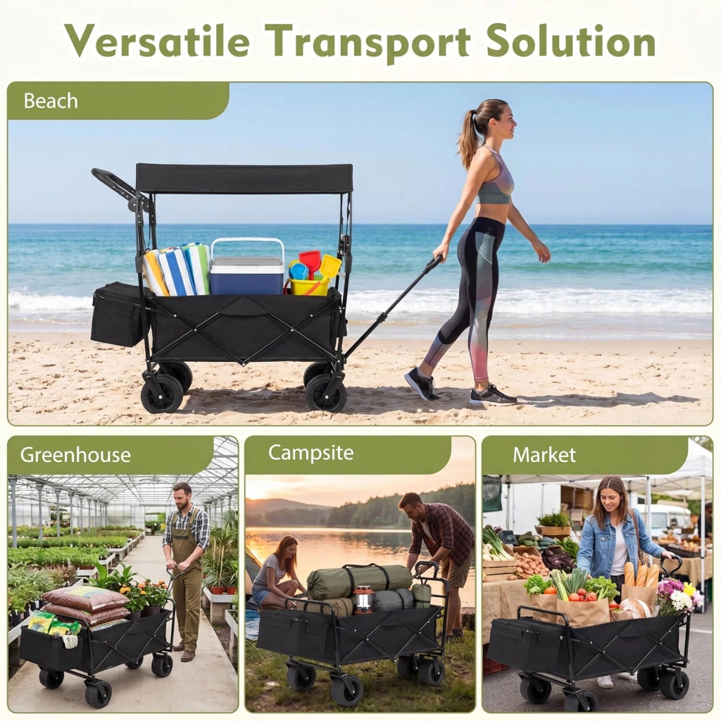 Carrello Spiaggia Pieghevole con Tetto, Carrello da Trasporto con Ruote Grandi e Borsa Portatutto, Carrello da Campeggio e Giardino, in Acciao Resistente, Chiusura Rapida, 100 KG, 100L (Nero)