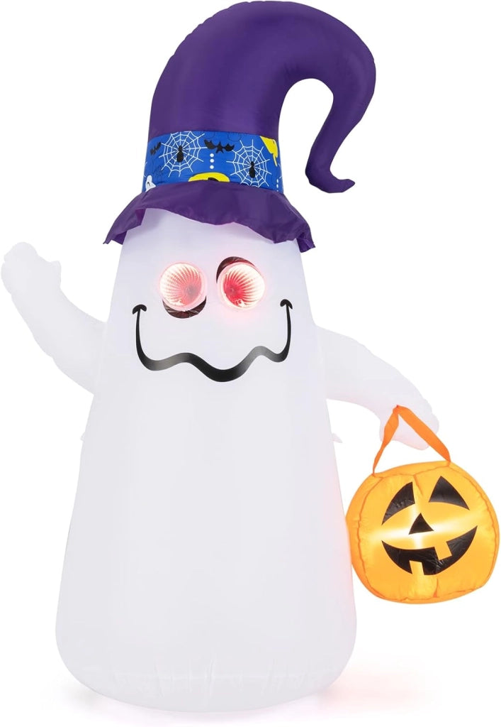 Fantasma Gonfiabile per Halloween 180 cm, con Lanterna di Zucca e Cappello da Mago, Decorazione Gonfiabile per Halloween con Luci LED e Soffiatore Incorporato, per Cortile, Prato e Feste
