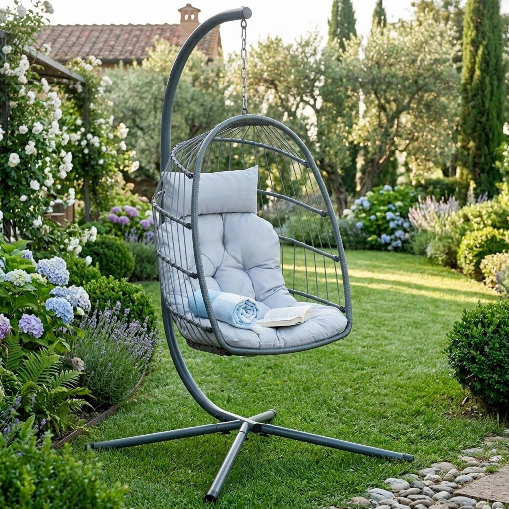 Poltrona Sospesa Da Giardino In Metallo Con Cuscino Imbottito Pieghevole Per Balcone E Terrazzo 105 x 105 x 198 Cm Grigio Chiaro