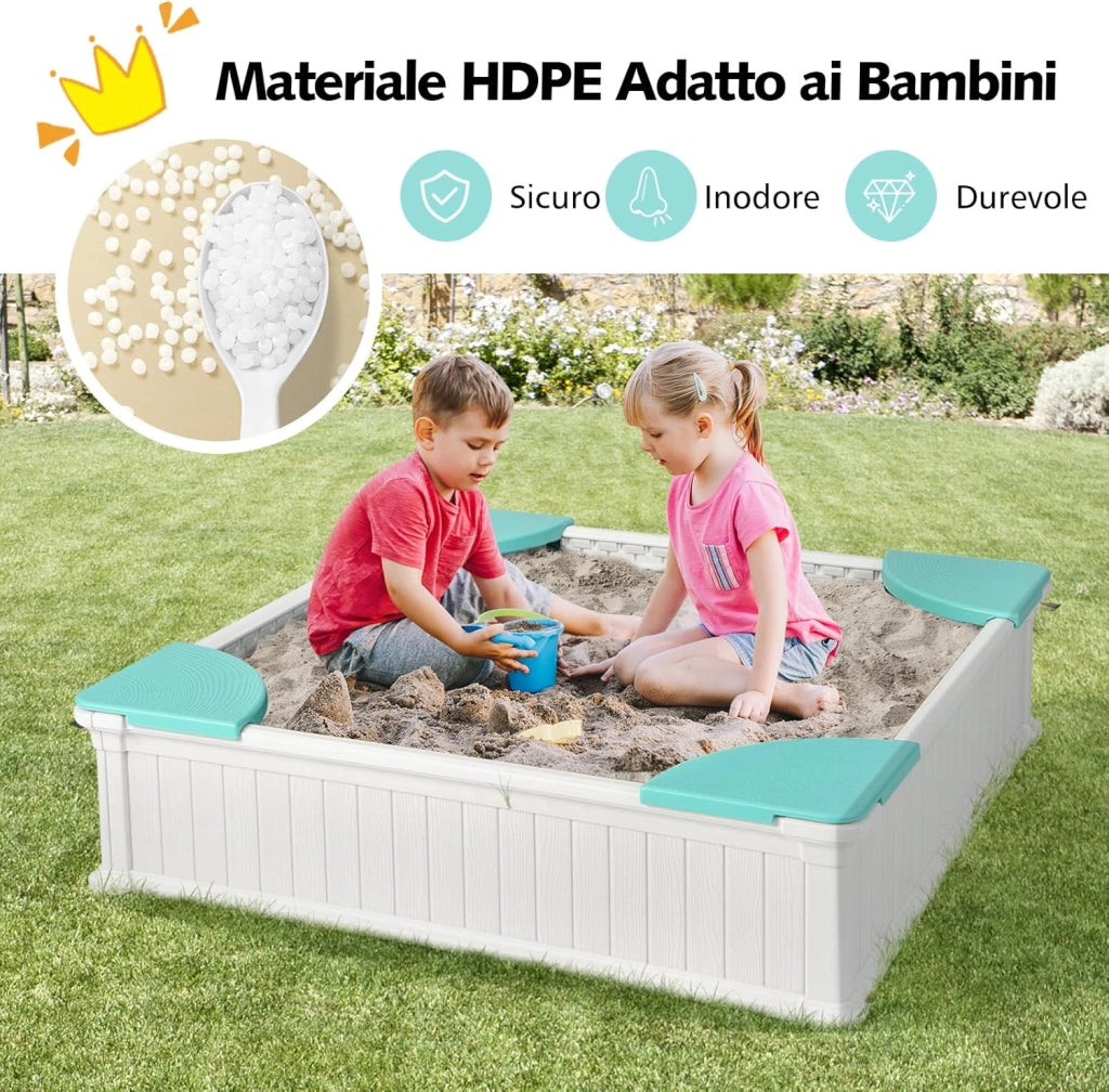 Sabbiera per Bambini, Sabbiera da Cortile con 4 Sedute Angolari e Copertura in Oxford, per Cortile Spiaggia Prato, 123,5 x 123,5 x 31,5 cm (Verde+Bianco)