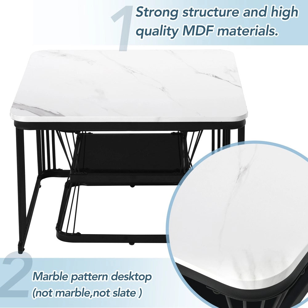 Set 2 Tavolini da Salotto ¨C Xylo ¨C MDF Effetto Marmo, Metallo Bianco Lucido e Nero