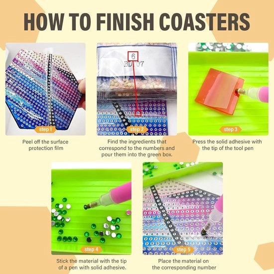 Onderzetters con holder per pittura con diamanti - tazze a sei angoli - 7 pezzi - adulti e bambini - appassionati di artigianato - Sunrise