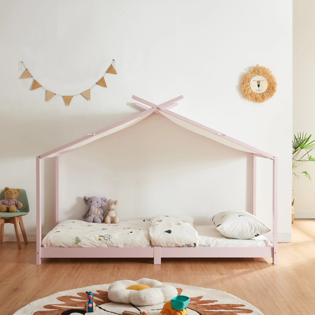 Letto Singolo Brome per Cameretta a Forma di Casetta Zona di Riposo 90x200 cm Legno - Rosa [en.casa]