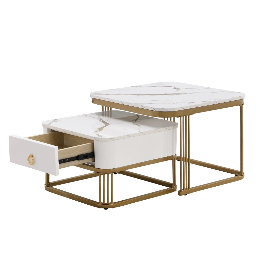 Tavolini bassi impilabili a scomparsa effetto marmo lucido in MDF bianco e oro con cassetto
