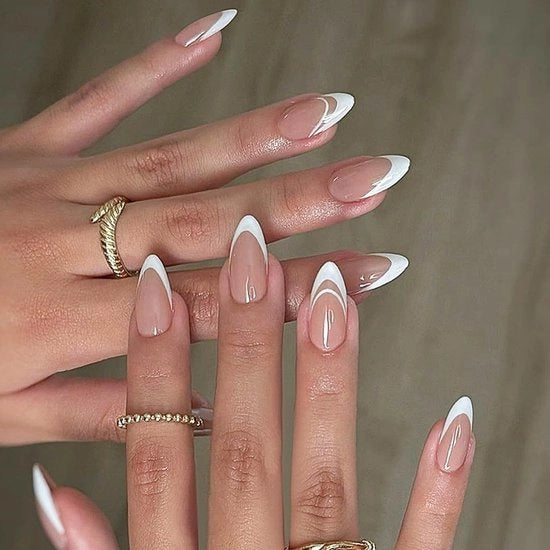Set di unghie in pasta acrilica ABS - 24 pezzi - linee bianche - elegante manicure