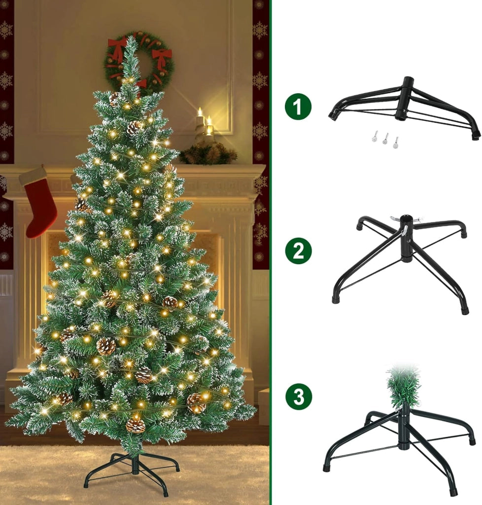 Albero di Natale artificiale con illuminazione, 210 cm, in PVC, albero di Natale artificiale, con 350 LED e supporto, decorazione natalizia con neve e pigne