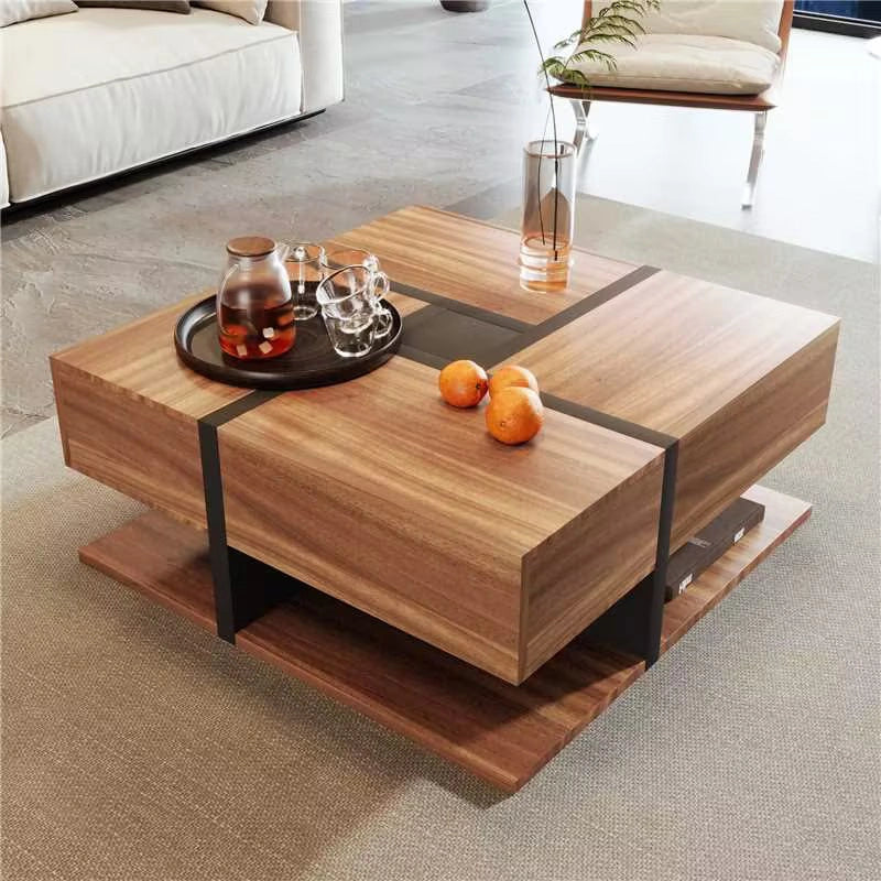 TAVOLINO Quadrato 78x78x36 cm in pannello di legno Naturale con 4 cassetti