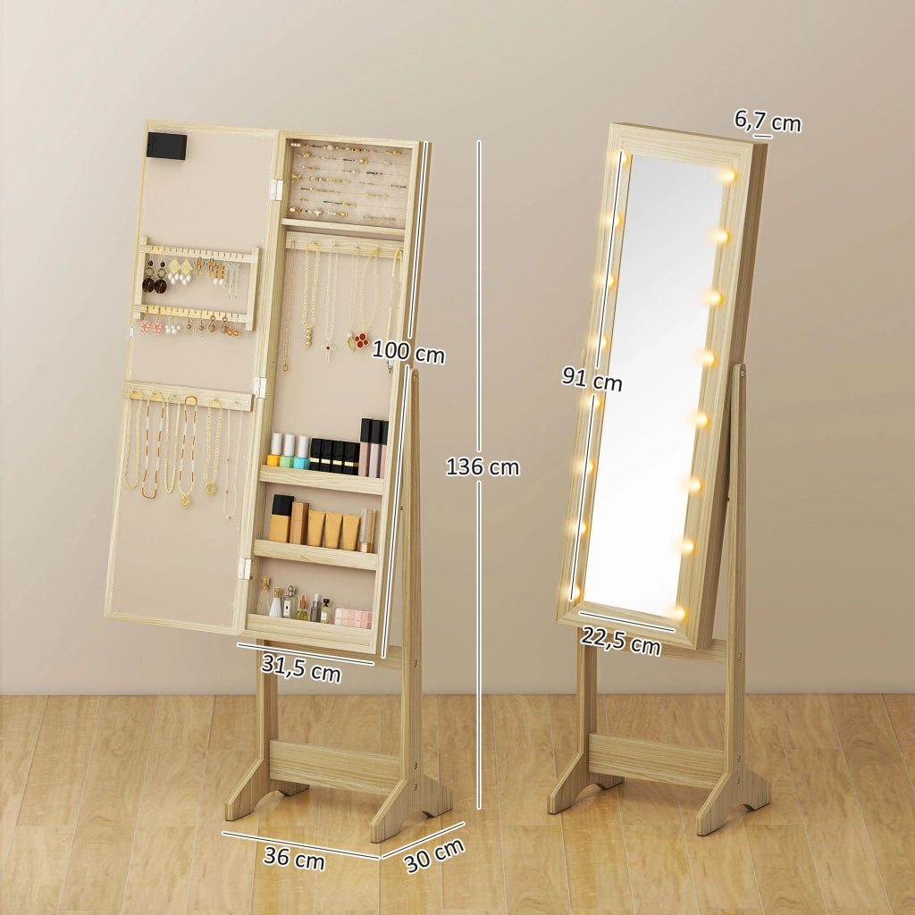 Armadio Joyero con Specchio e Luci LED ¨C zephmum ¨C Legno Naturale, Bianco, 90x51x