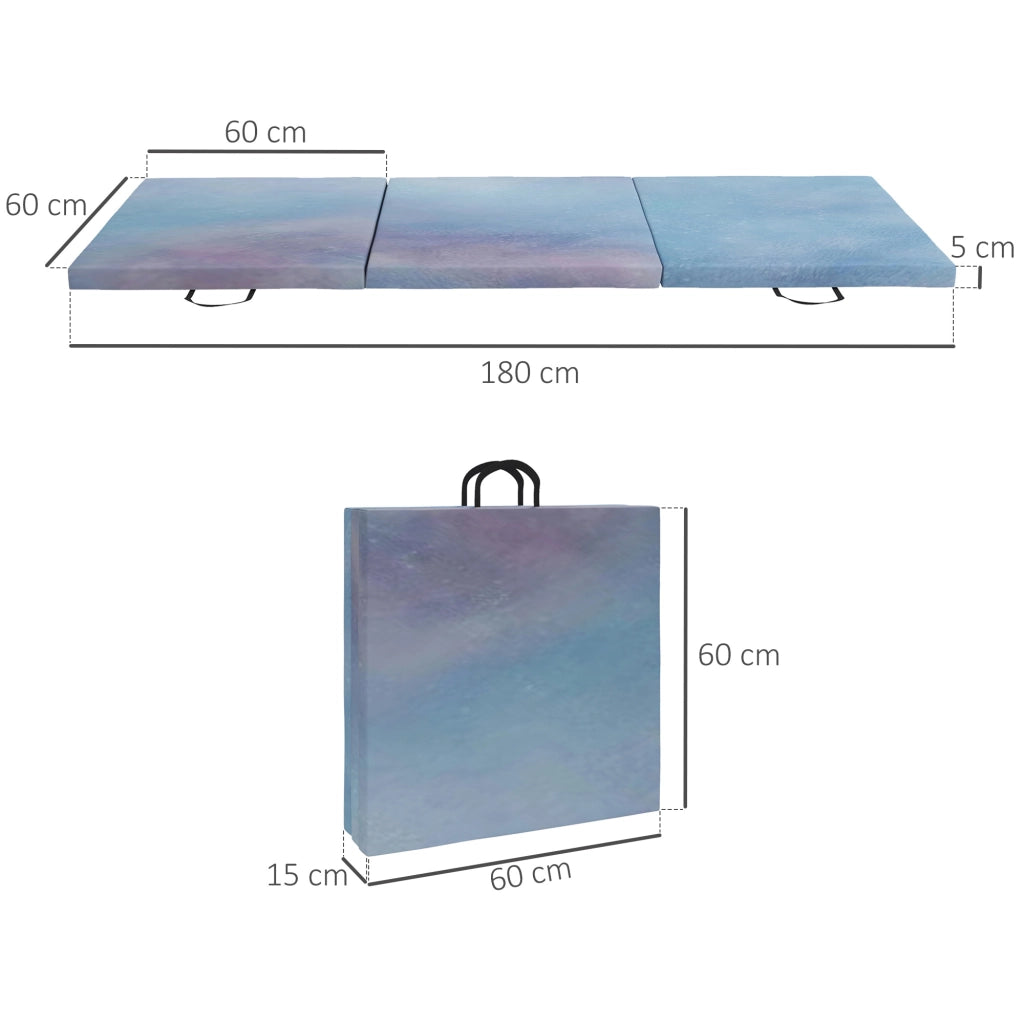 Tappetino da Ginnastica 180x60x5 cm Pieghevole Crash Mat con Maniglie per Allenamento a Casa in PU e EPE Azzurro