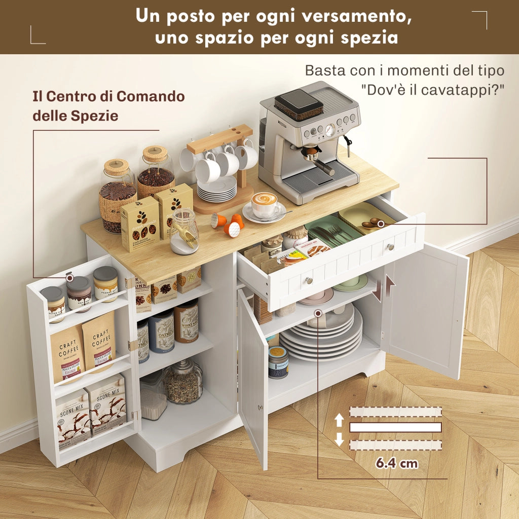 Credenza Moderna 105x40x83 cm Mobile Buffet con Cassetto e Armadietti in MDF Bianco