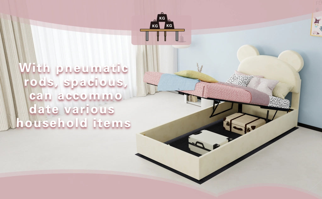 DESMIU Letto per bambini 90 × 200 cm 1 posto con vano contenitore, testiera, senza materasso, beige