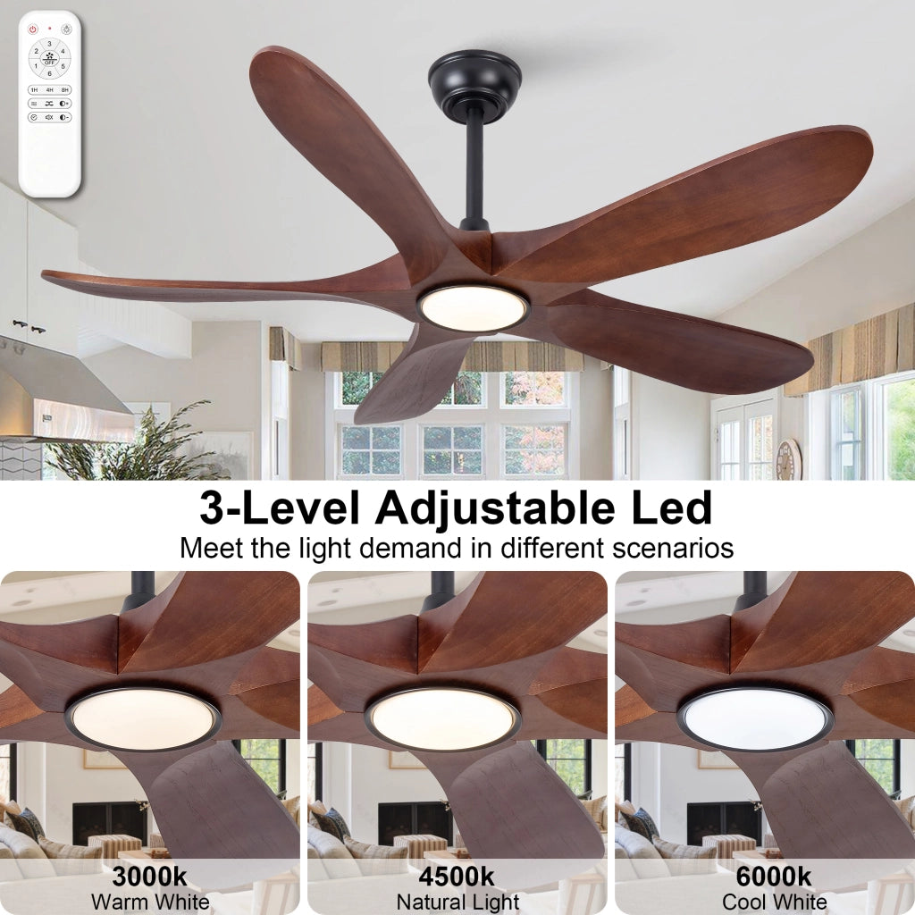 Ventilatore da soffitto 52 pollici con illuminazione e telecomando, 5 pale legno massello, 3CCT dimmerabile, 6 velocit¨¤ silenzioso, per ospiti