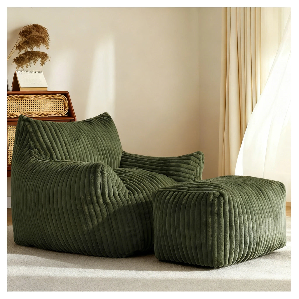 Poltrona ergonomica con pouf coordinato in flanella verde, design salvaspazio per relax