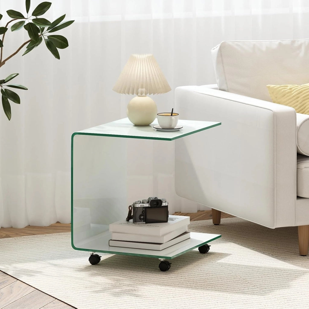 Tavolo Moderno in Vetro Temperato con 2 Ripiani, Tavolino Laterale a C per Divano con 4 Ruote Blocccabili, Tavolo Versatile per Soggiorno, Camera da Letto e Bagno (Bianco)