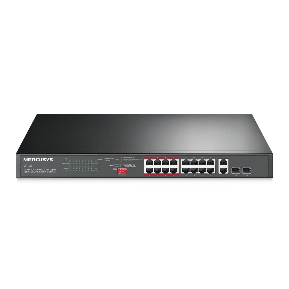 Switch 18p di cui 16p 10/100mbps 2p gigabit  rack. mercusys ms118cp con 16p poe+ -  - alim.poe 190w
