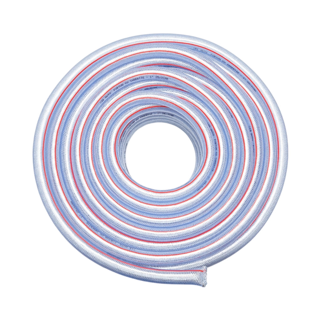 Tubo da giardino in PVC trasparente da 1 pollice (25 mm), PN5 bar, 25x31 mm con inserto tessile intrecciato, rotolo da 50 m, USO INTENSIVO
