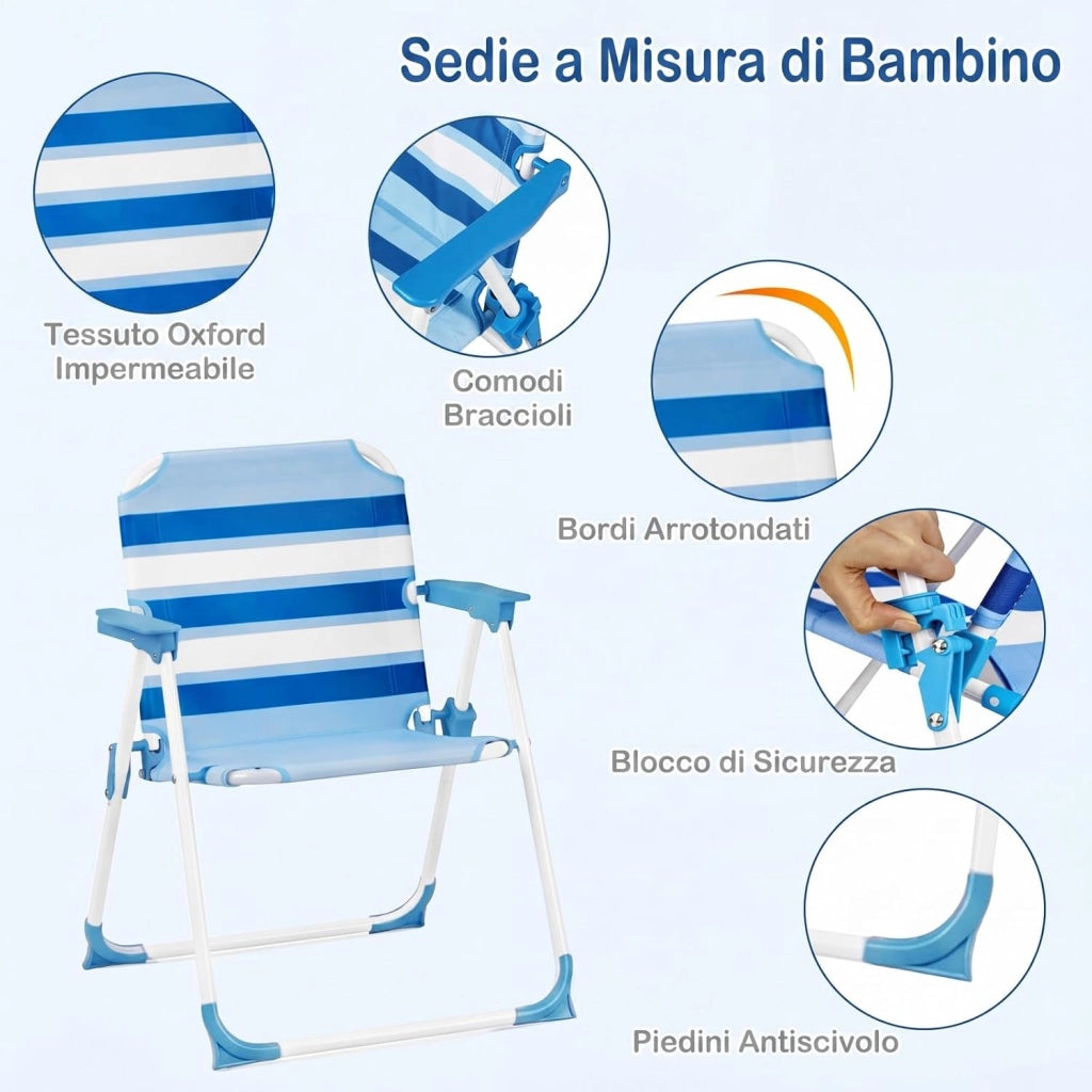 Set Tavolo e Sedie da Giardino per Bambini con Ombrellone (Blu) | Set da Esterno per Bambini 4 Pezzi con Tavolino Rotondo, 2 Sedie Pieghevoli e Ombrellone Regolabile in Altezza per Campeggio