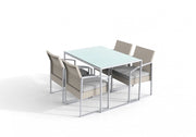 Set tavolo da pranzo tavolo con 4 sedie, polirattan bianco lavato, cuscini grigio Fredi Baboi