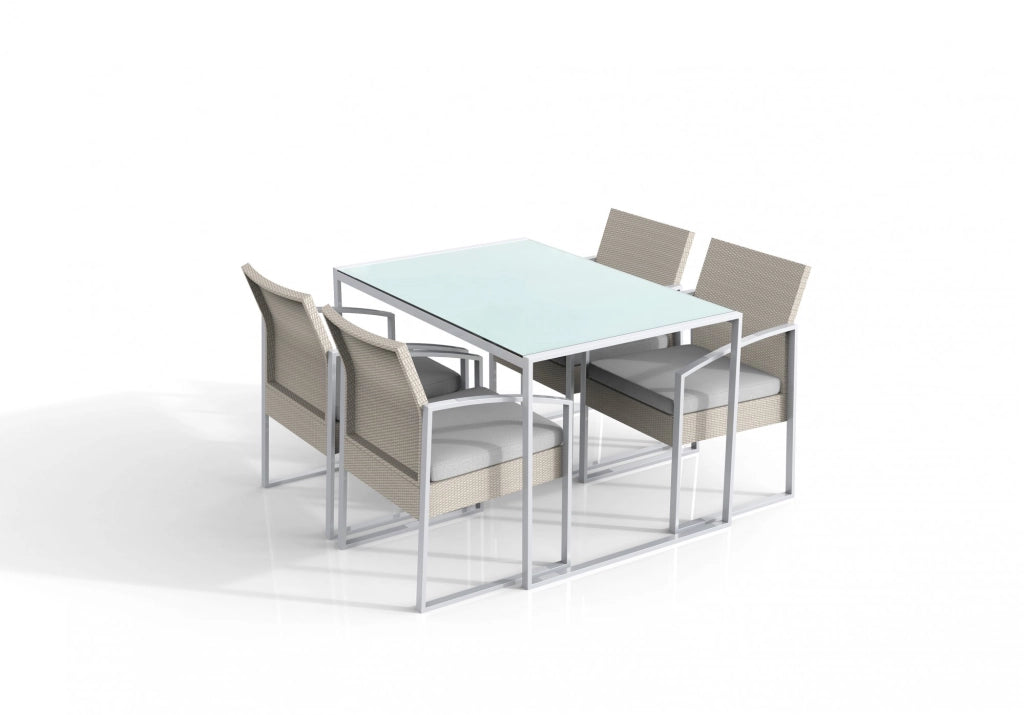 Set tavolo da pranzo tavolo con 4 sedie, polirattan bianco lavato, cuscini grigio Fredi Baboi
