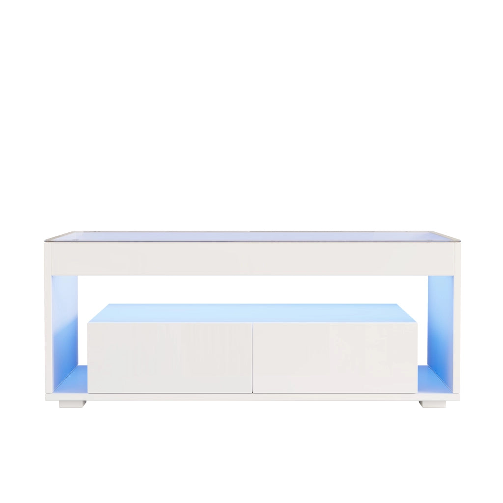 TAVOLO da caffè 100x50x40 cm Bianco con LED, 2 cassetti, vetro temperato