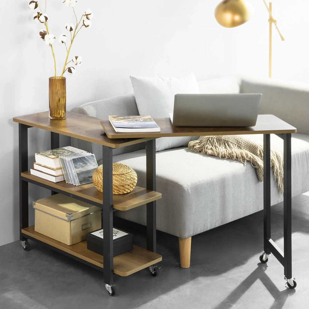 Tavolino da caffè con ruote Tavolini Comodino Piccolo, Scrivania ad angolo Consolle Porta Stampante, L133xP69xA30cm, Marrone scuro FWT83-PF