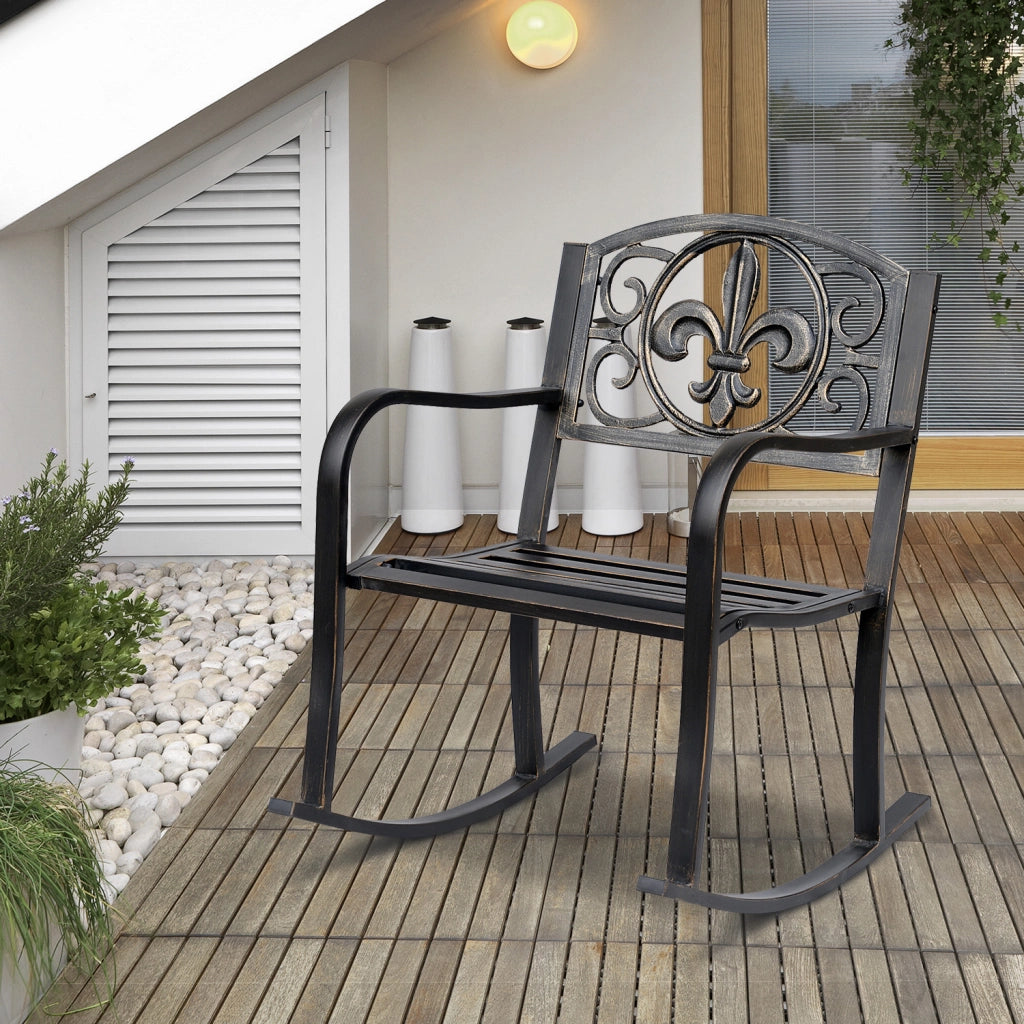 Sedia a dondolo antica in metallo in bronzo elegante e confortevole per patio e giardino