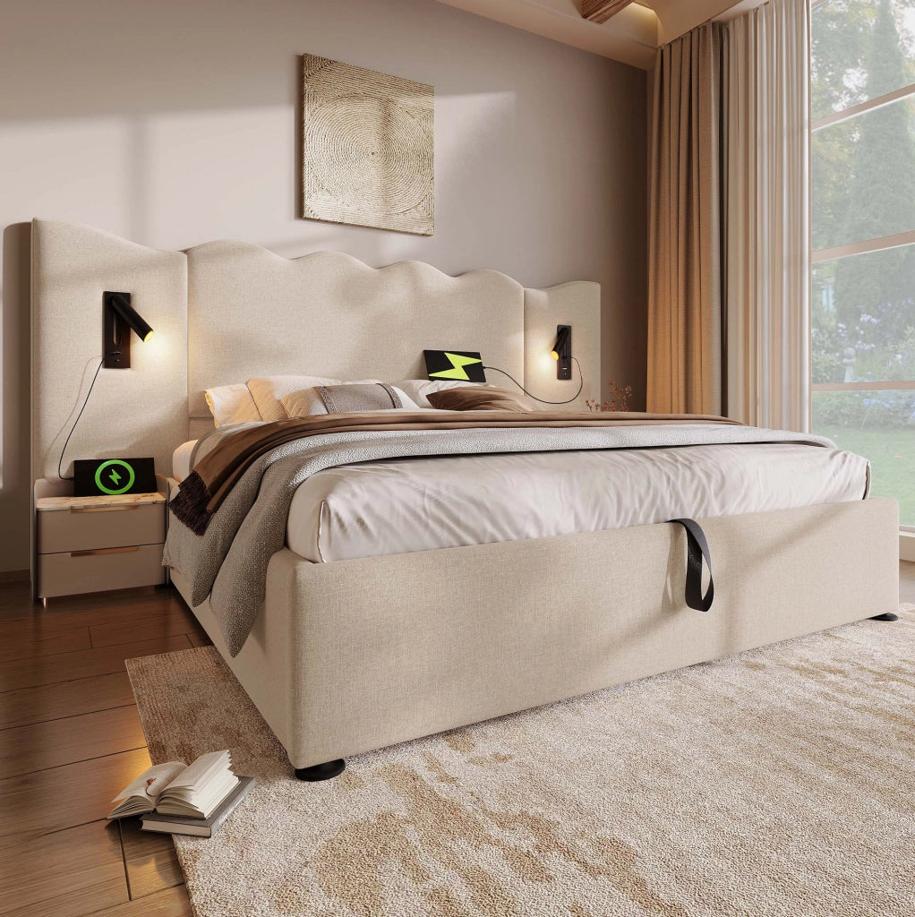 Letto matrimoniale 160x200 cm con materasso; lampada da lettura; USB e contenitore; beige in lino