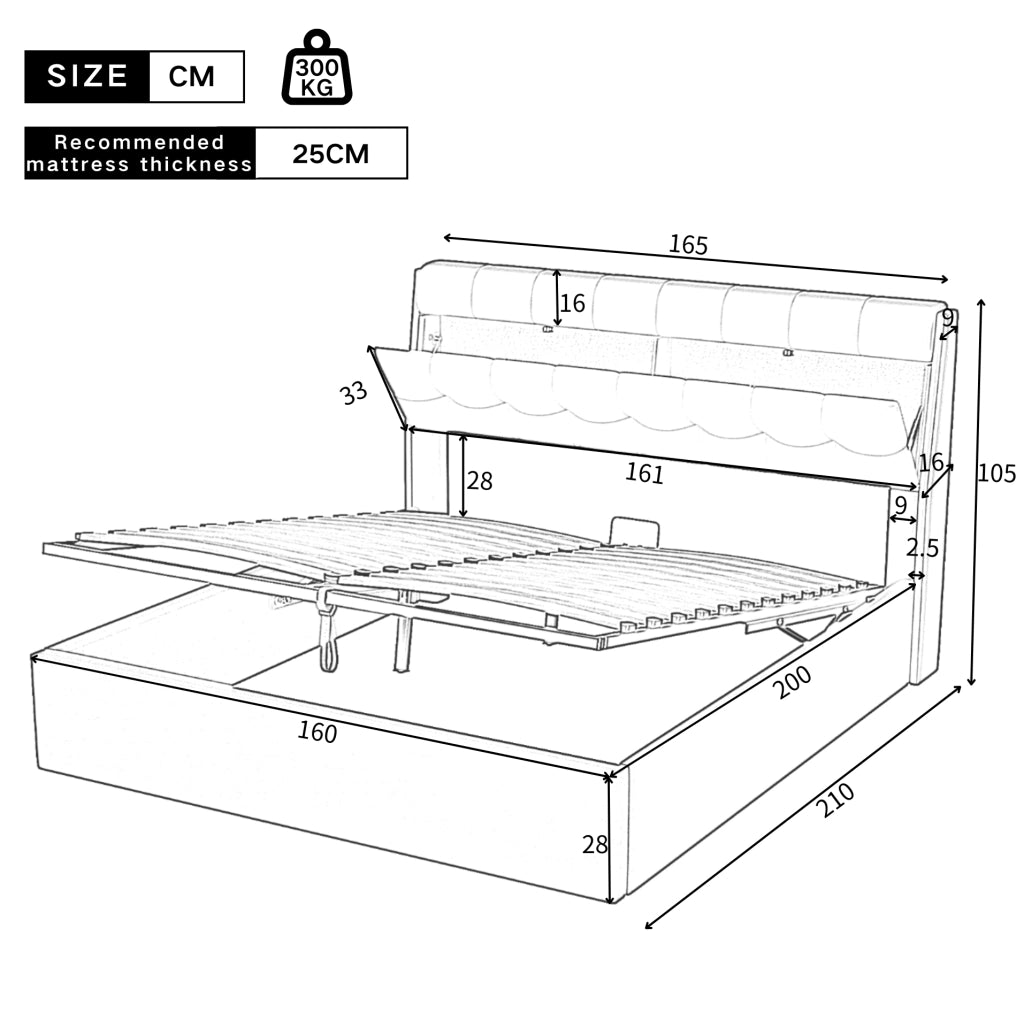 Letto imbottito 160x200 cm in PU bianco con contenitore; testiera con vano nascosto e rete a doghe