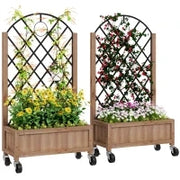 Set da 2 Letti Rialzati con Ruote, Griglia di Supporto, Fioriera a Traliccio in Legno 152x25x97cm Marrone